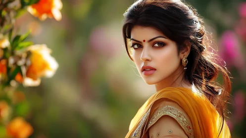 Portrait of woman in saree with blurred floral backdrop.