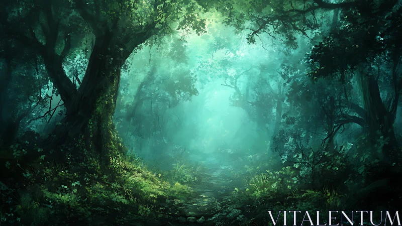 Luminescent Forest Pathway with Atmospheric Light Diffusion.