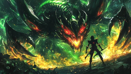 High-intensity fantasy showdown with infernal dragon silhouette.