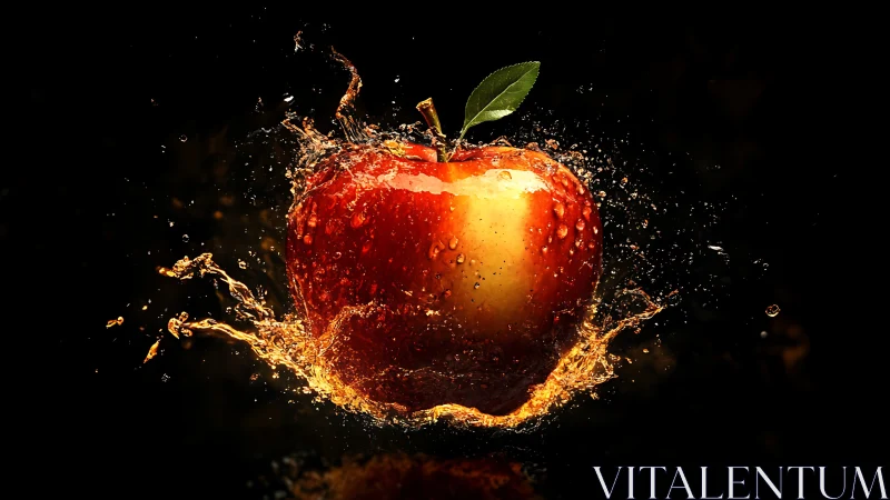 Crimson apple explodes through gold-tinted water splash.