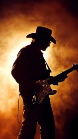 Cowboy guitarist silhouette cuts through blazing stage light