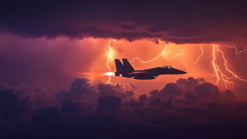 Roaring jet streaks past storm clouds lit by fierce lightning