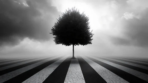 Solitary tree interrupts infinity of monochrome marching stripes