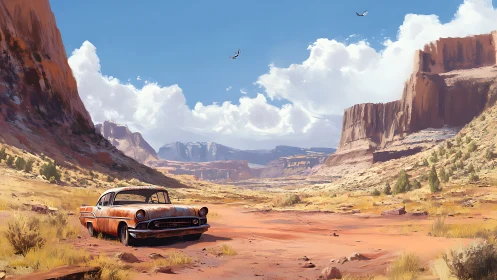 Rusty desert car resting beneath wide canyon skies.