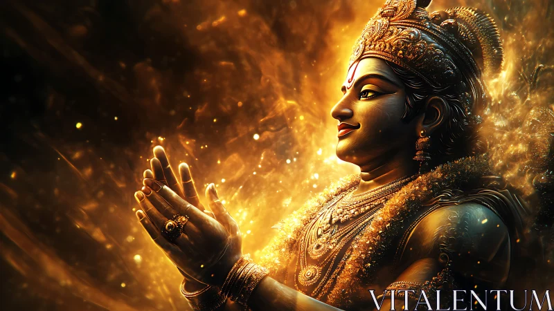 Radiant Hindu deity in golden aura, captured in reverent focus.