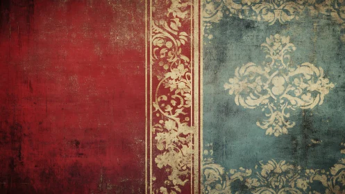 Vintage red and teal damask wallpaper with aged patina.