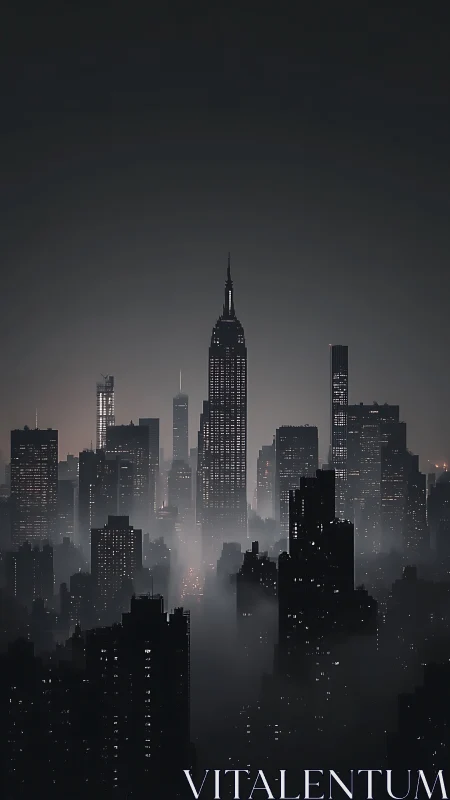 Nocturnal high-rise skyline emerges from dense urban fog