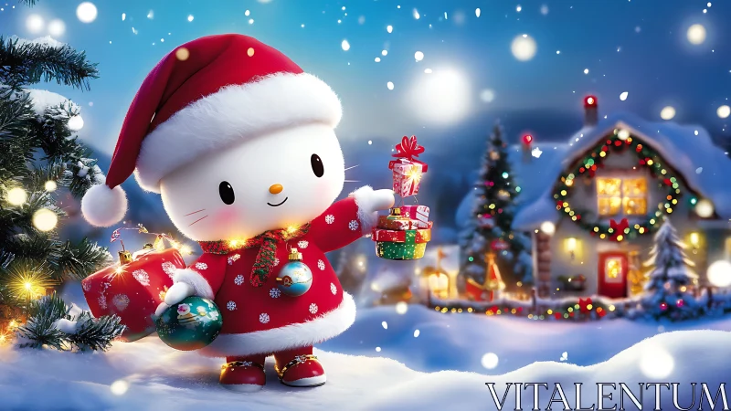 Sweet holiday kitty sharing cozy Christmas cheer outside.