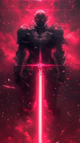 Crimson void knight ignites a colossal blade of light.