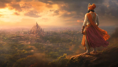 Warrior prince surveys ancient temple city at molten dawn