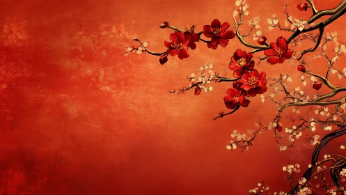 Red cherry blossom branches curve across textured orange
