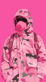 Masked urban figure in vivid pink camouflage streetwear.