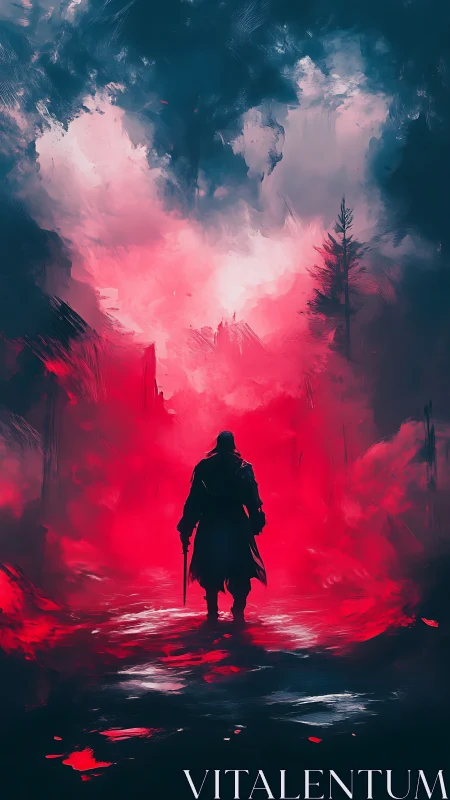 Lone cloaked warrior walks into vivid red storm of destiny