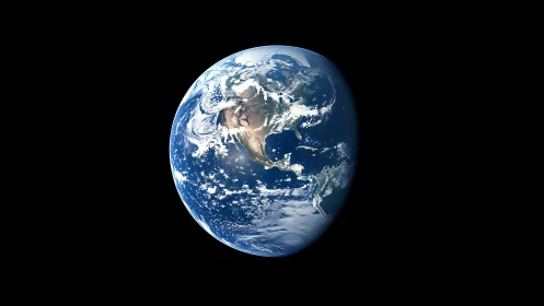 Blue marble adrift in velvet space, swirling with cloudlight.