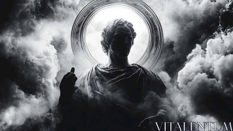 Backlit stone figure with halo framed by dense dark clouds.