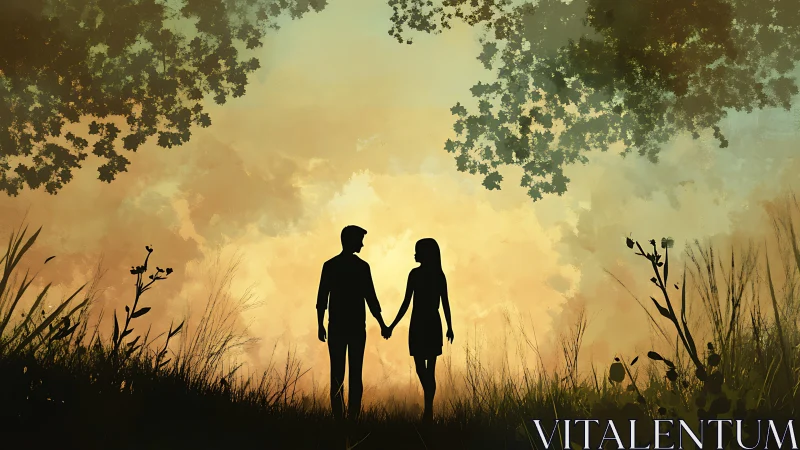 Silhouetted couple holding hands in backlighting meadow with atmospheric golden sky rendering