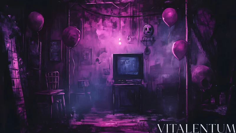 Dark room shows old CRT television with eerie purple light