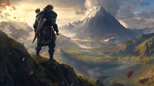 Armored ranger overlooks volumetric-lit alpine valley at sunrise