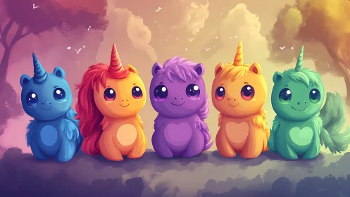 Row of stylized pastel unicorn figures stands in gradient light