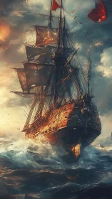 Storm-tossed galleon charges through burning twilight seas.