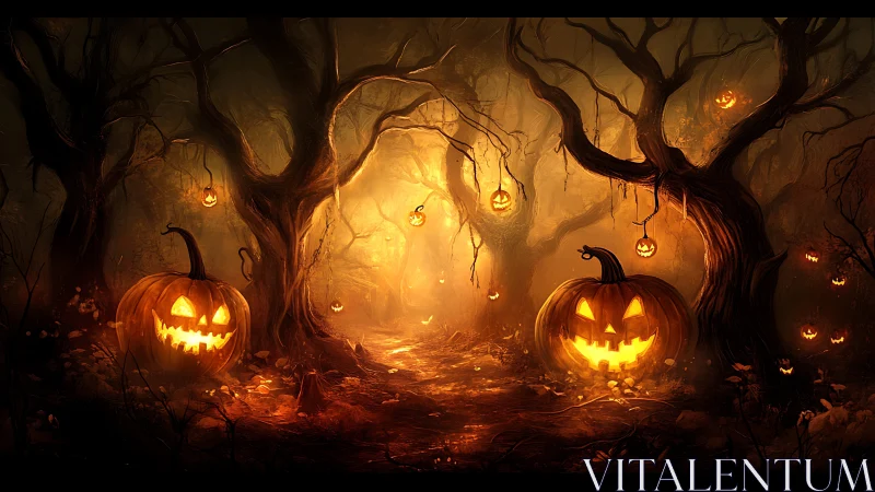 Haunted pumpkin forest glows with carved jack o lantern light.