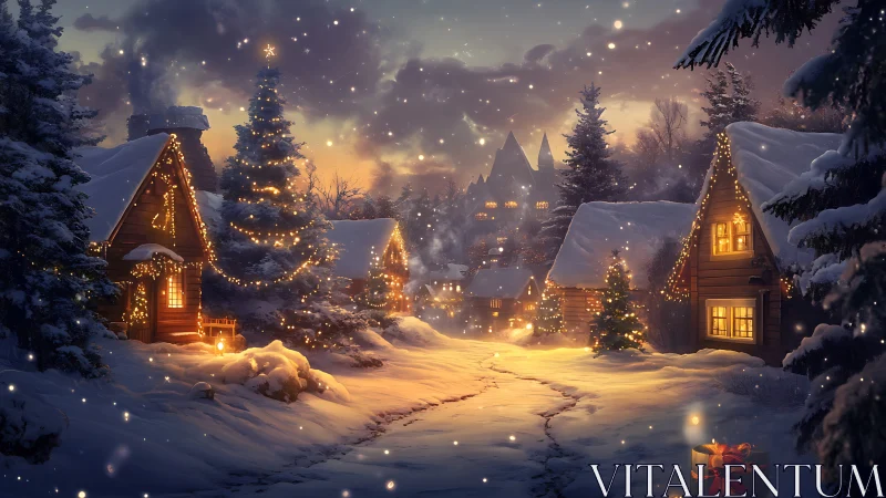 Snowlit holiday village wrapped in golden winter glow.