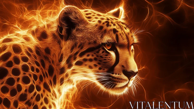Leopard engulfed in golden fire. Fierce predator radiates intense heat and power.