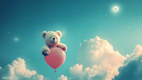 Plush bear suspended on balloon in pastel cloudscape sky.