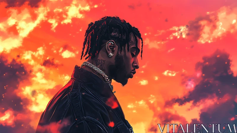 Digital painting portrait with neon dusk sky backdrop.