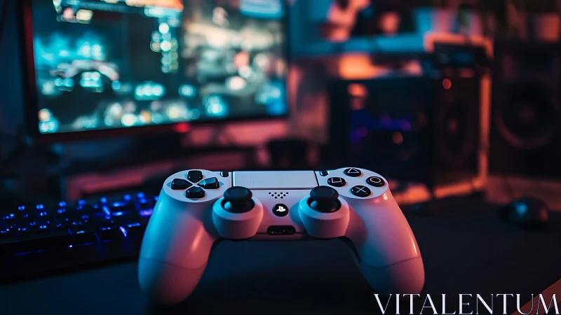 Dual-analog game controller on desk before defocused monitor.