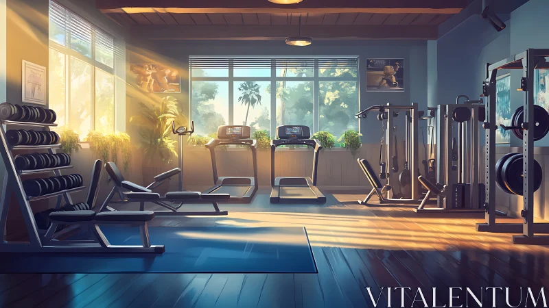 Sunlit sanctuary gym where morning muscles quietly wake.