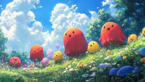 Sunny meadow parade of jelly spirits in candy-bright bloom.
