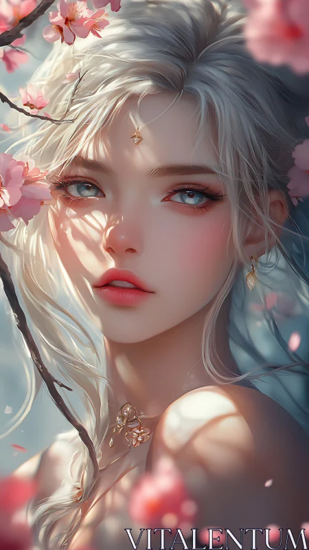 Digital portrait of pale woman with blossoms and shadows.