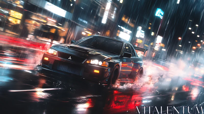 Tuned black rally sedan drifting on wet neon city street at night