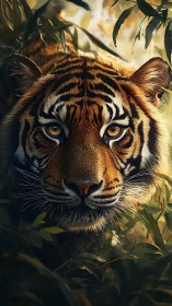 Jungle eyes of fire: tiger poised in amber-shadowed leaves.