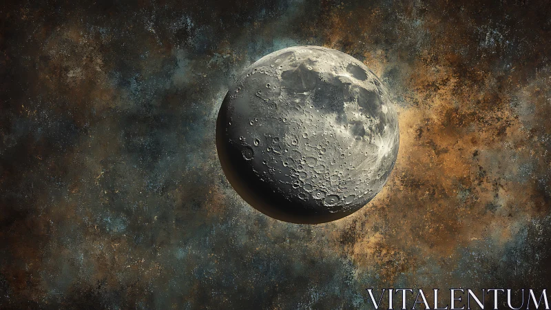 Moon drifts through a textured cosmic sky of gold and blue