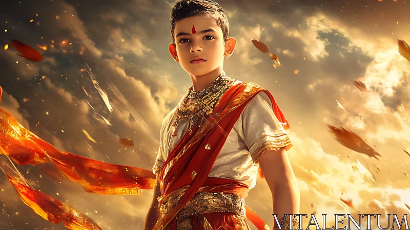 Radiant young hero in golden sky with flowing red drapery.