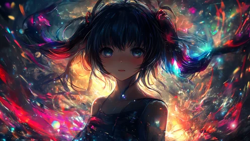 Celestial-haired girl framed by prismatic nebula light.