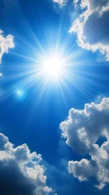 Radiant midday sun bursts through bright cumulus clouds.