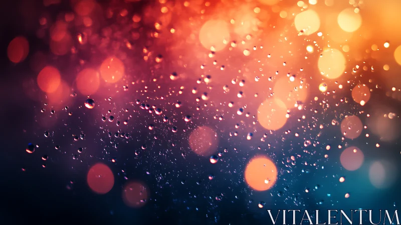 Iridescent water droplets in warm bokeh gradient light.