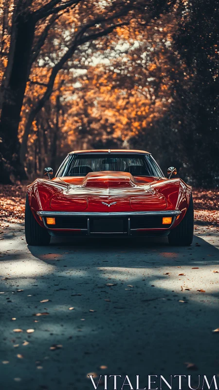 Front-on autumn roadway study of red classic sports coupe.