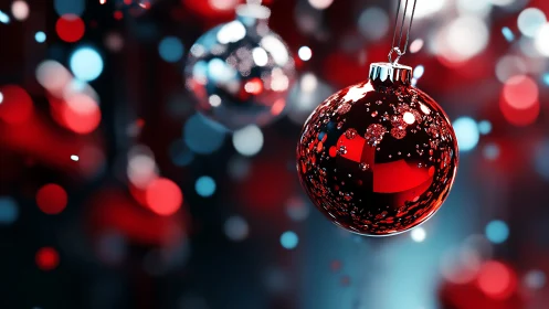 Luminous red Christmas bauble amidst festive bokeh glow.