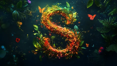 Luminous floral S swirling with neon jungle butterflies.