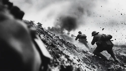 Soldiers charging uphill through exploding battlefield mud.