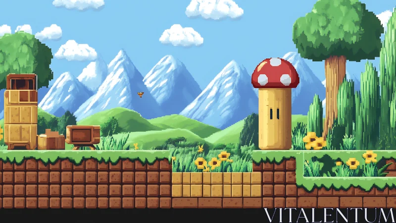 Pixelated mountain platform with crates and tall mushroom pillar.