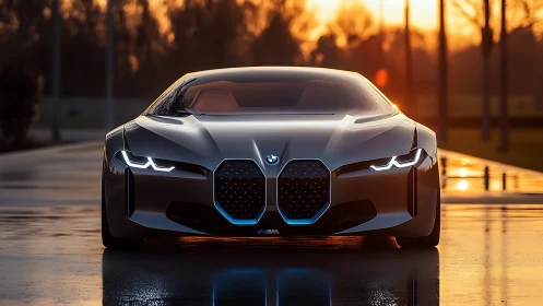 Front view of futuristic silver coupe on wet roadway at dusk.