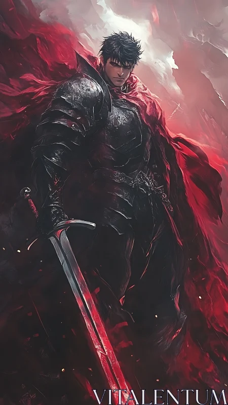 Storm-lit dark knight stands firm with a blazing crimson cloak