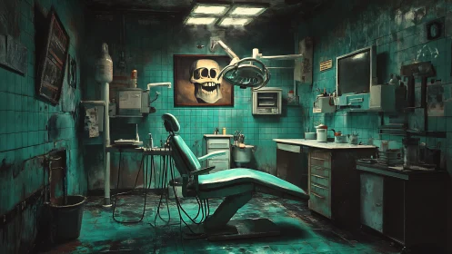 Decay-soaked teal dental surgery with ominous skull art.