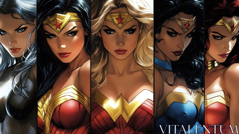 Five Powerful Wonder Woman Variations in Dynamic Comic Art Style.