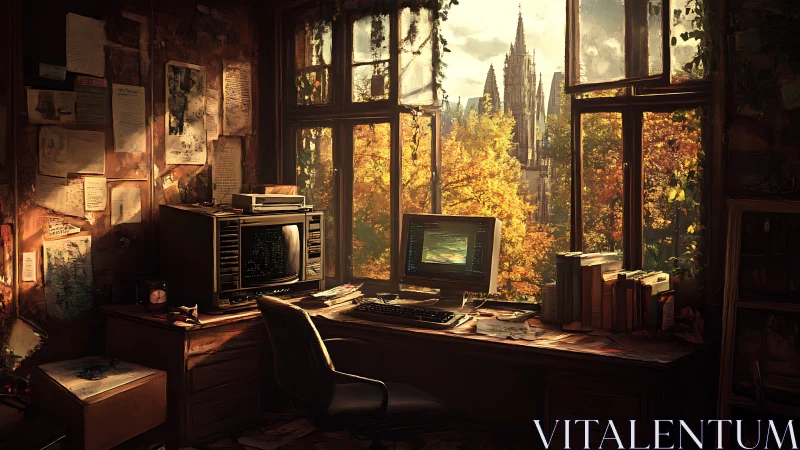 Retro workstation overlooks autumnal cathedral skyline.